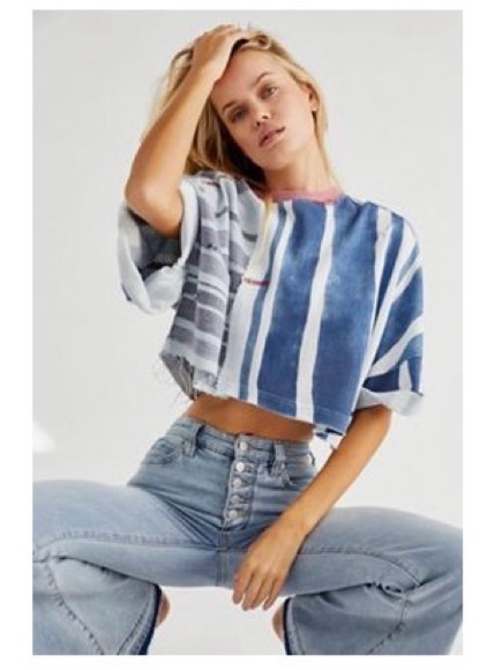 Free People Blue and White Striped Cropped Tee with Pink Trim